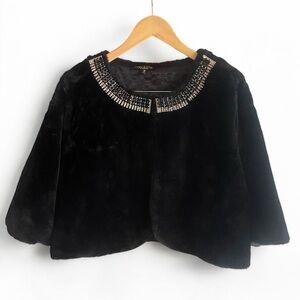 2x Elegant Black Faux Fur Jacket with Embellished Collar